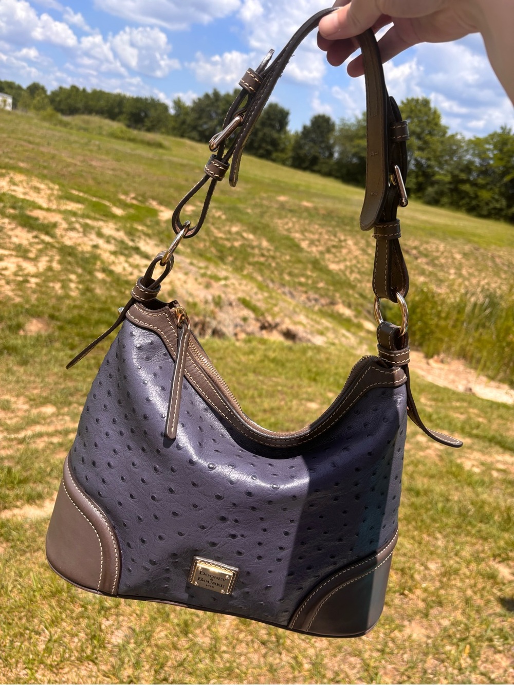 Dooney & Bourke Navy and Brown Ostrich-Embossed Shoulder Hobo